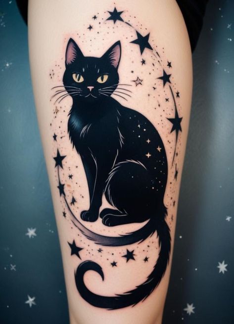 Cover Ups For Black Tattoos, Cat Alebrije Tattoo, Le Chat Noir Tattoo, Black Kitty Tattoo, All Black Tattoo Cover Up, Goth Cat Tattoo, Gothic Cat Tattoo, Witchy Cat Tattoo, Bastet Tattoo