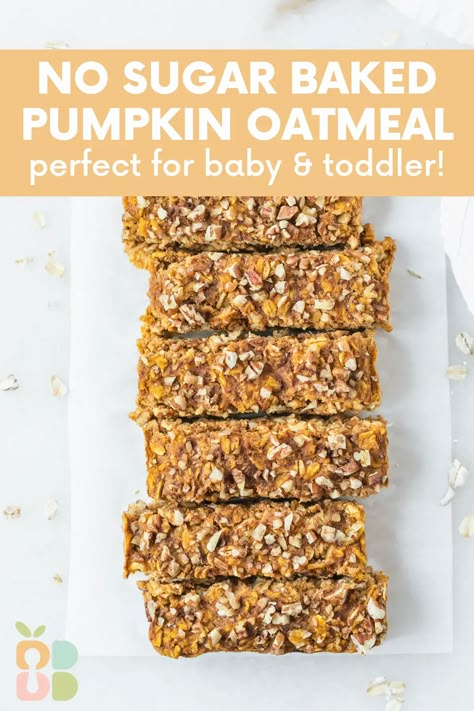 Pumpkin Blw Recipe, Baked Oatmeal Baby Led Weaning, Baby Led Weaning Apple Recipes, Pumpkin Recipes Baby, Baby Led Weaning Chicken Nuggets, Meals For Toddlers And Adults, Blw Oatmeal Bars, Baked Oatmeal For Baby, Pumpkin Baby Led Weaning Recipes