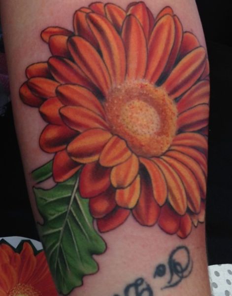 Orange sunflower tattoo - Ebony Mellowship (NSW) Orange Daisy Tattoo, Orange Sunflower Tattoo, Orange Flower Tattoo, Gerber Daisy Tattoo, Daisy Tattoos, Sunflower Tattoo Sleeve, Gerber Daisy, Orange Sunflowers, Daisy Tattoo