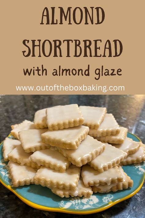 Almond Shortbread with Almond Glaze from Out of the Box Baking.com Almond Flavored Cookies Recipes, Almond Short Bread Cookies, Almond Shortbread Cookies Recipe, Almond Biscuits Recipe, Almond Flavored Cookies, Almond Christmas Cookies, Almond Flour Shortbread Cookies, Shortbread Christmas Cookies, Tea Cookies Recipe