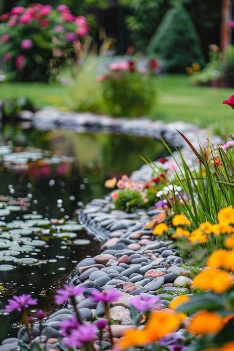 Creative Pond Edging Ideas for Your Backyard Pond Edging, Landscaping Around Large Pond Ideas, Plants Around Pond Edge, Plants For Pond Edge, Garden Streams And Ponds, Backyard Pond With Beach, Backyard Wildlife Pond, Backyard Stream, Small Urban Garden