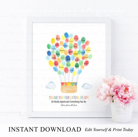 Thumbprint Art, Fingerprint Guestbook, Hot Air Balloon Party, Fingerprint Art, Teacher Cards, Baby Keepsake, End Of Year, Appreciation Gifts, Personalized Prints