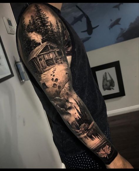 Outdoor Tattoo Ideas, Mountain Sleeve Tattoo, Cabin Tattoo, Family Sleeve Tattoo, Natur Tattoo Arm, Shepherd Tattoo, Outdoor Tattoo, Camping Tattoo, Wood Tattoo