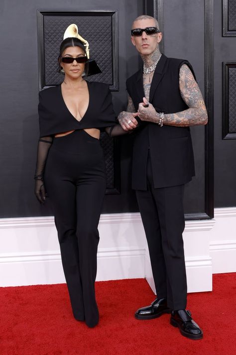 The Grammys 2022, Grammy Awards 2022, Givenchy Suit, Grammys 2022, Kourtney Kardashian And Travis Barker, Kourtney Kardashian And Travis, 2022 Red Carpet, White Frock, Elvis Impersonator