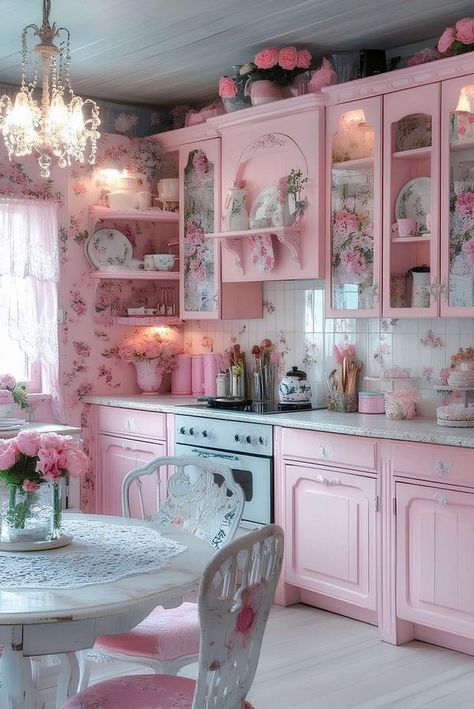 Girly Kitchen Decor, Pink Retro Kitchen, Girly Kitchen, Food Room, Country Kitchen Accessories, Kitchen Clipart, Chic Kitchen Decor, Pink Dollhouse, Floral Wallpapers