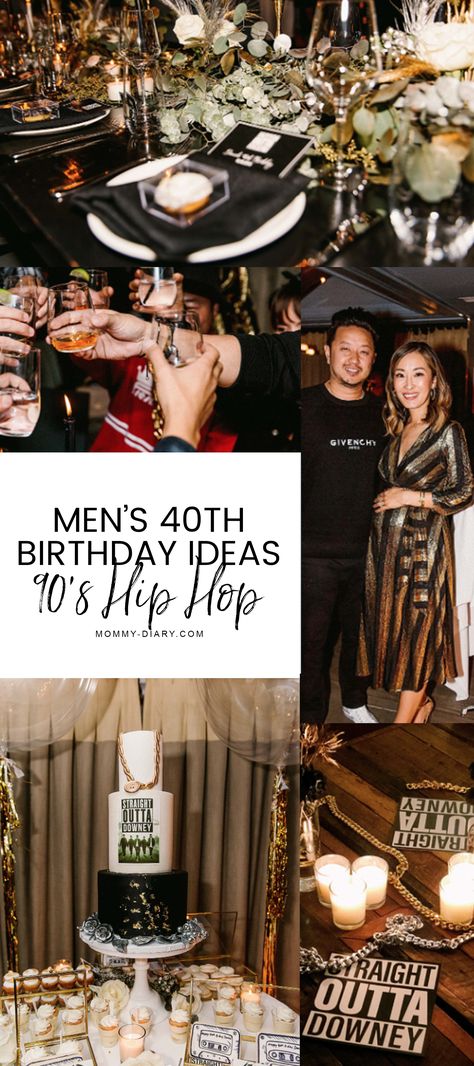 Planning a 40th birthday is a big deal for the men in your life. Here is some birthday party inspiration for planning your husband, father, or friends next big milestone year. 90's hip hop themed birthday party.  #mommydiaryblog #mensbirthday #birthdayinspo #hiphopparty #partyplanning #birthdaypartyforguys Best 40th Birthday Party Themes For Men, 40th Birthday Themes For Men Surprise, 40th Birthday Ideas For Men Husband Surprise, Man Birthday Party Themes, 40th Birthday Aged To Perfection, Men 40th Birthday Party Ideas, Simple 40th Birthday Ideas For Men, 40th Birthday Hip Hop Theme, 40th Bday Themes For Men