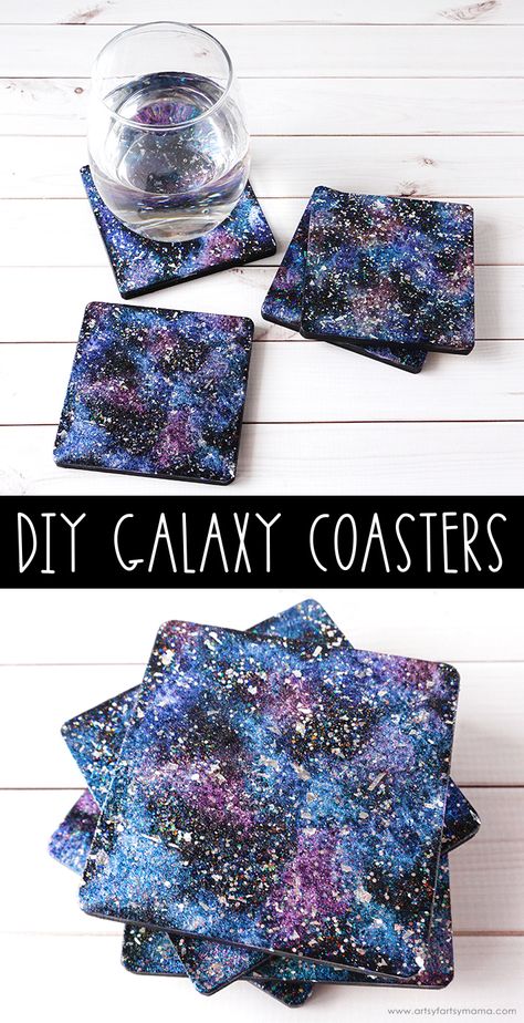 DIY Galaxy Coasters | artsy-fartsy mama Tile Crafts Ideas Ceramic Diy, Galaxy Diy Crafts, Wood Coaster Ideas Paint, Diy Coaster Painting Ideas, Diy Space Decor, Art For Middle Schoolers, Painted Coasters Diy, Diy Galaxie, Simple Diy Art