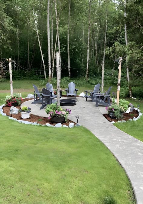 Trees Landscaping, Outdoor Fire Pit Area, Large Backyard Landscaping, Backyard Seating Area, Outdoor Fire Pit Designs, Fire Pit Landscaping, Backyard Beach, Backyard Remodel, Landscaping With Large Rocks