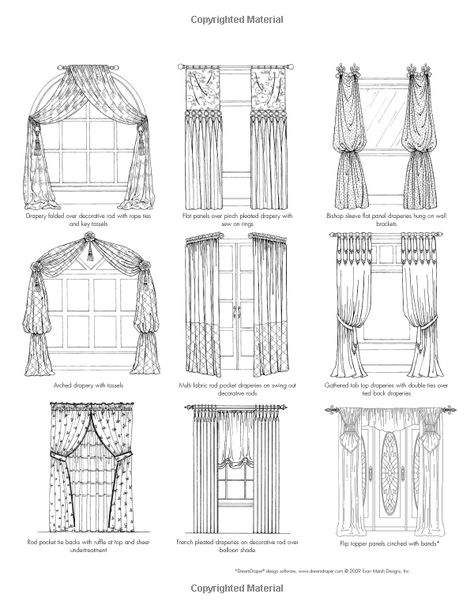 Flat panels over pinch pleated drapes with sewn on rings... middle drawing, top row Pinch Pleated Drapes, Types Of Windows, Window Decorating, Drawing Furniture, Furniture Design Sketches, Architecture Drawing Plan, Interior Architecture Drawing, Pleated Drapes, Small Living Room Ideas