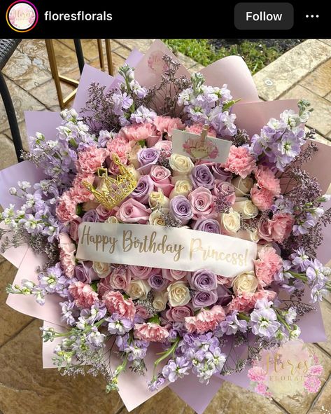 Happy Birthday Floral Arrangements, Flowers Purple Bouquet, Big Birthday Bouquet, Purple Ramos For Quinceanera, Tangled Flower Bouquet, Princess Flower Bouquet, Rapunzel Flower Bouquet, Purple Flowers Bouquet Birthday, Flower Bouquet For Mom Birthday