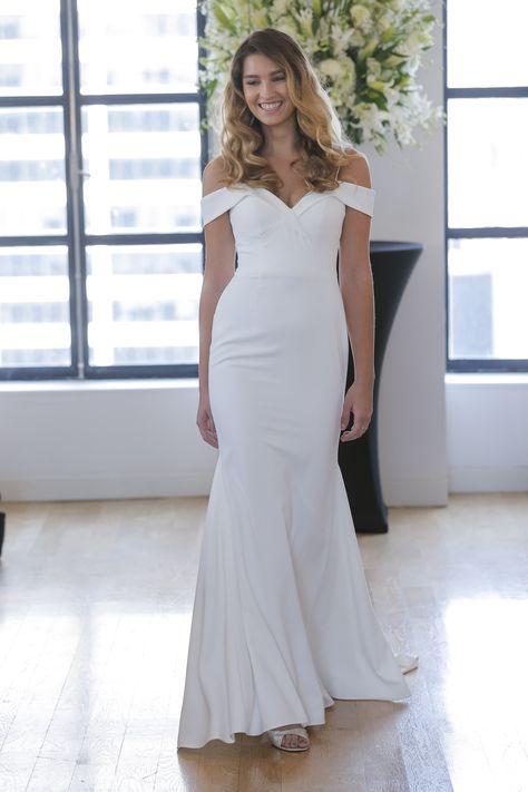 PHOEBE Kelly Faetanini Fall 2018 wedding dress | Crepe Slim Gown with Criss-Cross off the Shoulder Sleeve and Spaghetti Strap Shoulder Detail Phoebe Wedding, Slim Gown, Kelly Faetanini, Fabric Wedding Dress, Unique Wedding Gowns, Feminine Wedding, Designer Wedding Gowns, Wedding Fabric, Perfect Wedding Dress