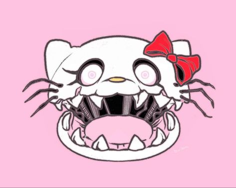 Hello Kitty With Headphones Pfp, Chibi Skull Drawing, Fnaf Art Creepy, Creepy Hello Kitty Drawing, Fnaf Hello Kitty, Creepy Cute Drawings, Creepy Hello Kitty, Horror Hello Kitty, Evil Hello Kitty