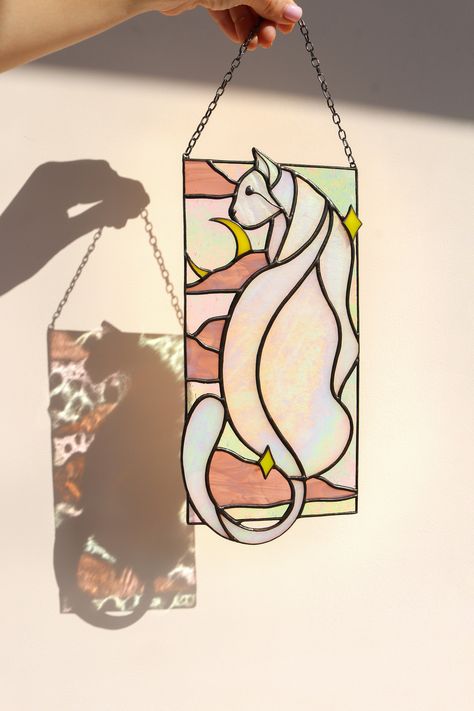 Suncatcher Cat in Clouds Whith Moon Stained Glass Hanging Decor Cat Art Gifts Window Panel Glass Wall Art Gift Idea for Cat Lovers - Etsy Canada Cat Stained Glass Patterns Free, Cat Glass Art, Stained Glass Clouds, Cat Stained Glass Pattern, Stained Glass Cat, Stained Glass Hanging, Cat Stain, Hickory Dickory, Glass Diy