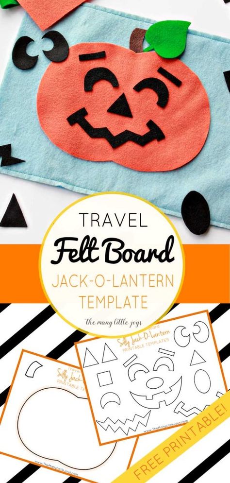 Travel felt board: "Silly Jack-o-lantern" play set (free printable templates) - The Many Little Joys Travel Felt Board, Felt Board Templates, Felt Crafts Kids, Diy Felt Board, Halloween Addition, Halloween Felt Crafts, Felt Board Patterns, Felt Boards, Flannel Board Stories