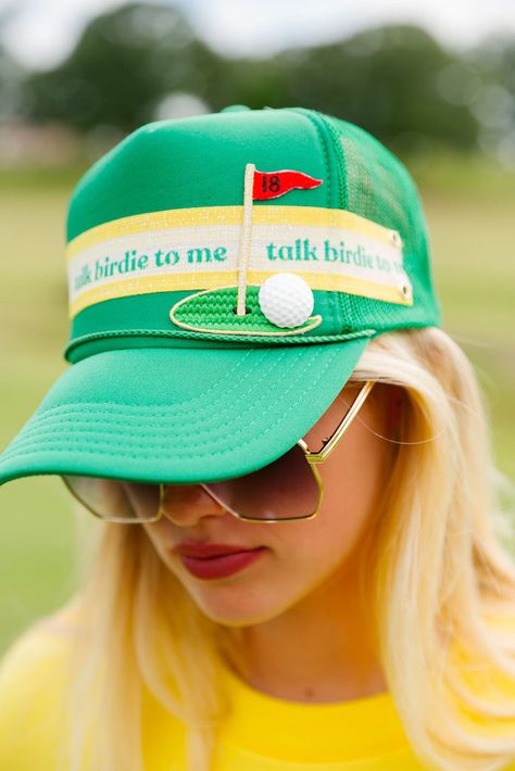 SPORTY GIRL Happy Hour Hats, Golf Trucker Hat, Green Trucker Hat, Irish Hat, Golf Stuff, Sporty Girl, Judith March, Striped Ribbon, Golf Gear