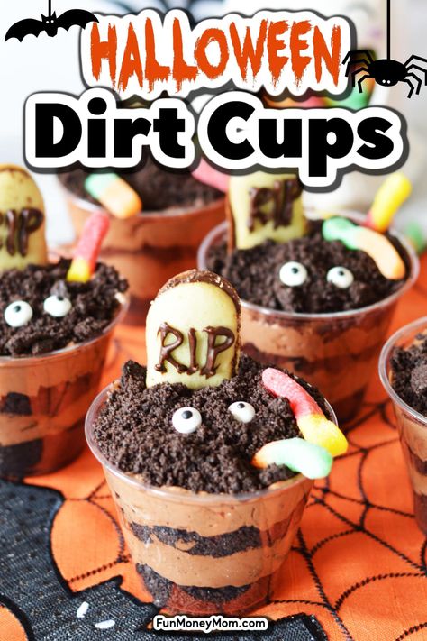 Chocolate Pudding Dirt Cake, Chocolate Dirt Cups, Halloween Dirt Cups Recipe, Halloween Pudding Dirt Cups, Dirt Pudding Recipe Halloween, Halloween Dirt Pudding Cups, Pudding Cups Halloween, Cup Of Dirt Dessert Halloween, Dirt And Worms Dessert Halloween