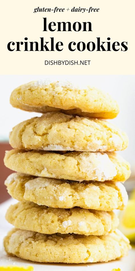 Deliciously good, these gluten-free lemon crinkle cookies are crispy on the outside and chewy inside, and filled with fresh citrus lemon flavor. Bake a batch for your holiday cookie exchange, or whenever you want some lemon cookies! Totally dairy-free too. Gluten Free Lemon Crinkle Cookies Recipe, Crinkle Cookies Recipe, Lemon Crinkle Cookies, Holiday Cookie Exchange, Bean Flour, Lemon Flavor, Crinkle Cookies, Lemon Cookies, Holiday Cookie