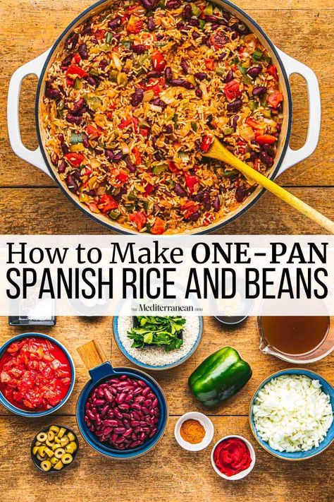 This Spanish Rice and Beans recipe takes one pan, just 30 minutes, and a handful of pantry staples. It’s vegetarian, vegan and gluten free! Spanish Rice And Beans Recipe, Beans Mexican, Spanish Rice And Beans, Nora Cooks, Rice And Beans Recipe, Rice Side Dish Recipes, The Mediterranean Dish, Rice Beans, Rican Food