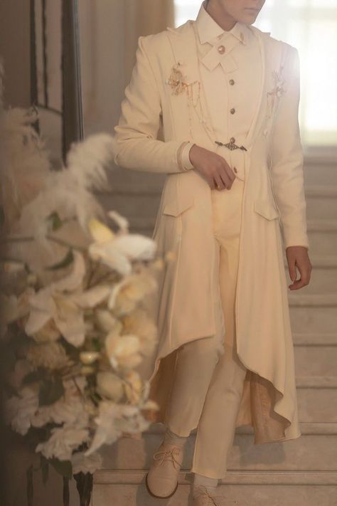 Royalty Men Outfits, White Royal Outfit Male, Angel Men Aesthetic, Mens Fantasy Ball Outfit, White Fantasy Outfit Male, Fantasy Wedding Suit, Rabiya Basri, White Suit Male, Male Wedding Outfit