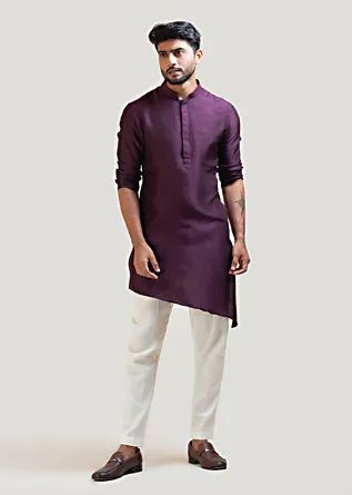 Traditional Wear For Men: Buy Mens Ethnic Wear Online - Kalki Fashion Purple Kurta For Men, Silk Kurta For Men, Kurta Ideas, Kurta Designs Men's, Short Kurta For Men, Lettering Drawing, Wedding Kurta, Kurta Pajama Men, Short Kurtis