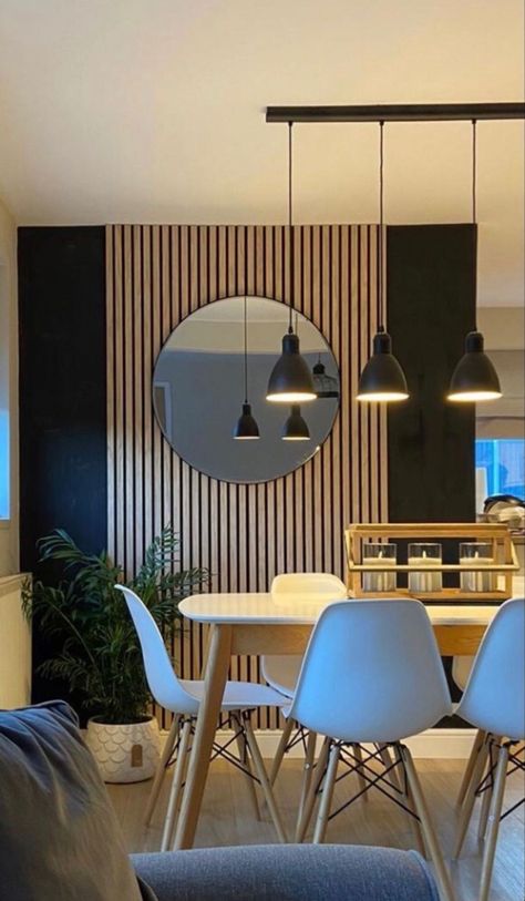 Dining Room Feature Wall, Wooden Panelling, Feature Wall Living Room, Wood Slat Wall, Wooden Wall Panels, Accent Walls In Living Room, Wood Panel Walls, Slat Wall, Dining Room Walls