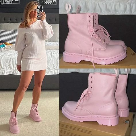 Pink Ankle Boots Outfit, Pink Boots Outfit, Dr Martens Pascal, Pink Ankle Boots, Doc Martens Outfit, Boots Outfit Ankle, Shoes Dr Martens, Half Boots, Pink Boots