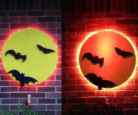 Concept:To enhance the Halloween decorations for the exterior of our house this year, I wanted to re-imagine a Haunted Moon for where we normally hang our Christmas... Halloween Moon Decorations, Library Halloween, Moon Projects, Halloween Scarecrow, 2024 Halloween, Halloween Moon, Crafts Halloween, Moon Decor, Halloween 2023