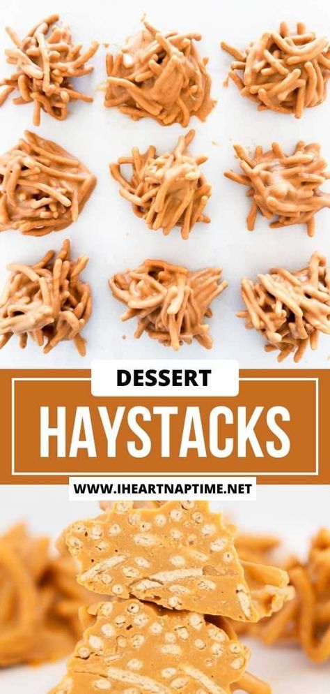 This haystacks recipe is an easy no-bake cookie made with butterscotch chips, peanut butter and chow mein noodles! This vintage treat is a favorite with sweet and salty taste. Peanut Butter Toffee, Butterscotch Haystacks, Haystacks Recipe, Haystack Cookies, Peanut Butter White Chocolate, Easy No Bake Cookies, Butterscotch Cookies, Chocolate Candy Recipes, Chow Mein Noodles