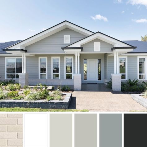 House Colour Schemes Exterior, Colorbond House Colour Schemes, Front Pillars, Hamptons Exterior, Pgh Bricks, Grey Brick Houses, Hampton Style House, Hamptons Facade, Weatherboard Exterior