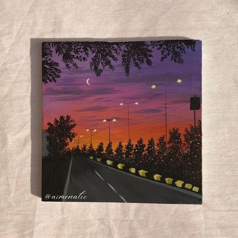 Senary Painting Art Simple, Acrylic Canvas Painting For Living Room, Hijabista Aesthetic, Senary Painting Art, Road Canvas Painting, Street Painting Acrylic, Asthetic Paintings Canvases, Pink Canvas Art, Canvas Art Painting Acrylic