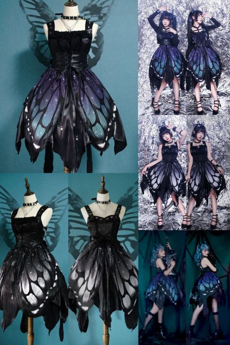 【-The Butterfly of the Night-】 #GothicLolita JSK  ◆ Only 8 Dresses Left (Size M Has Been Sold OUT! Only Size S and Size L Left)! >>> https://lolitawardrobe.com/the-butterfly-of-the-night-gothic-lolita-jsk-high-waist-version_p5814.html Butterfly Outfit Aesthetic, Mode Harajuku, Brunette Girls, Gothic Party, Gothic Mode, Butterfly Costume, Casual Cosplay, Fairytale Dress, Fantasy Costumes