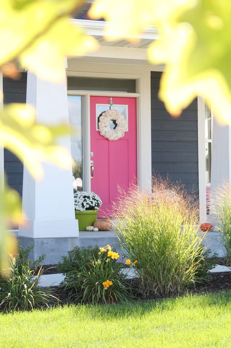 The Pink Door- Eros Pink by Sherwin Williams • Tessie Fay Hot Pink Door Exterior, Brown Grey Paint, Pink Doors, Red Brick House Exterior, Red Brick Exteriors, Pink Front Door, Gray House Exterior, Exterior Color Palette, House Colours