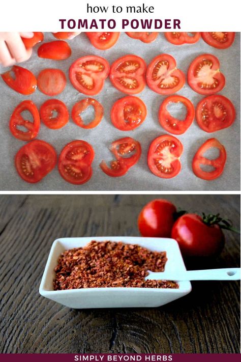 if you are using just certain parts of tomatoes and tossing seeds, skins, or pulp away, you may consider turning the leftover into a dehydrated tomato powder. Tomato Powder Recipes, Preserve Tomatoes, Tomato Powder, Healthy Herbs, Herbs For Health, Dehydrator Recipes, Diy Health, Natural Living, Natural Health