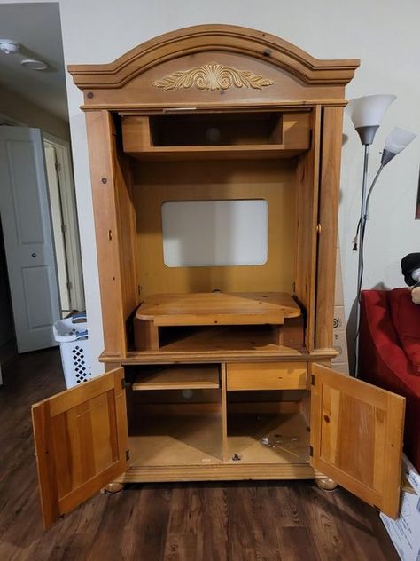 Repurposed Furniture: This Entertainment Unit Upcycle Is Fab | 21Oak Corner Entertainment Center Repurpose, Upcycled Wall Unit, Repurpose Entertainment Center Ideas, Upcycle Entertainment Center, Repurpose Armoire Ideas, Entertainment Center Makeover Ideas, Repurposed Entertainment Center Ideas, Old Entertainment Center Repurpose, Tv Armoire Repurposed