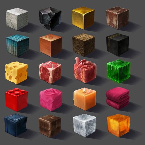 ArtStation - Material Cube Studies, Pat Suchatsirikul Cube Reference Photo, Cube Reference, Dnd Gelatinous Cube Art, Texture Cubes, Volume Of Cube, Texture Studies, Texture Study, Material Studies, Digital Art Tutorial Beginner