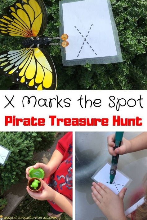 X marks the spot! Practice pre-writing skills and writing the letter X with an alphabet treasure hunt. X Marks The Spot Preschool, Pirate Treasure Hunt, Treasure Hunt For Kids, Prewriting Skills, Forest School Activities, Alphabet Recognition, Treasure Hunts, X Marks The Spot, Nature School