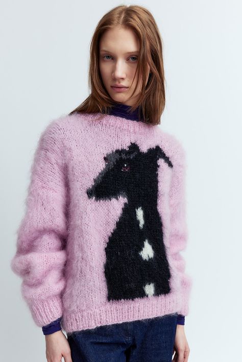 The Ville knit in pink is a mohair wool jumper with a dog image featured in the centre. It is designed to have an oversized fit and sit loosely on the body Brushed Mohair, Creepy Cute Fashion, Mohair Knit, Vintage Jumper, Crochet Design Pattern, Black Jumper, Wool Jumper, Short Coat Jackets, Mohair Wool