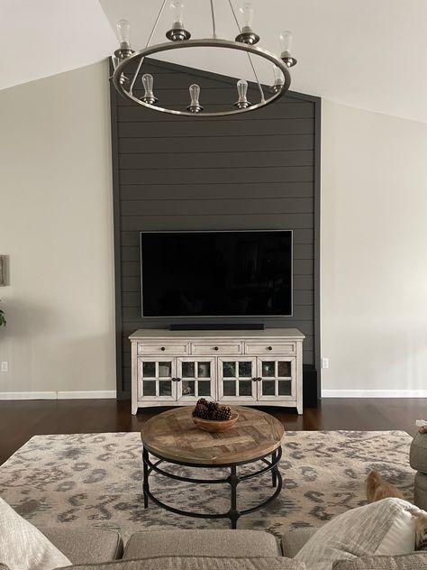 Charcoal Tv Wall, Shiplap Wall Living Room With Tv, Black Shiplap Tv Accent Wall, Accent Behind Tv, Charcoal Shiplap Wall, Shiplap Wall Behind Tv, Accent Wall With Tv Mounted Tv, Dark Gray Shiplap Wall, Grizzle Gray Accent Wall