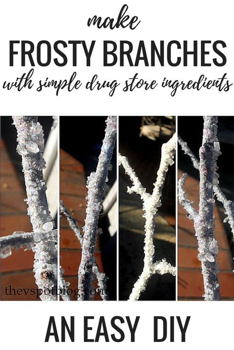 DIY FROSTY BRANCHES using simple drug store ingredients Schnee Party, Winter Wonderland Decorations, Christmas Branches, Front Porch Christmas Decor, 3d Christmas, Winter Crafts, Christmas Centerpieces, Xmas Crafts, Christmas Deco