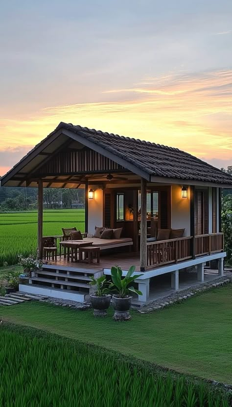 Small Farmhouse India, Kubo House Design, Small Tropical House, Wood House Design, Tropical House Design, Bamboo House Design, Tiny House Village, Rice Field, Rest House