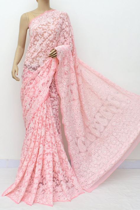 Peach Hand Embroidered Lucknowi Chikankari Saree with Allover Mukaish (Georgette-With Blouse) 14959 Lucknowi Chikankari Saree, Net Sarees, Chicken Kari, Mukaish Work, Chikankari Saree, Lucknowi Chikankari, Cotton Sari, Indian Saree Blouse, Indian Saree Blouses Designs