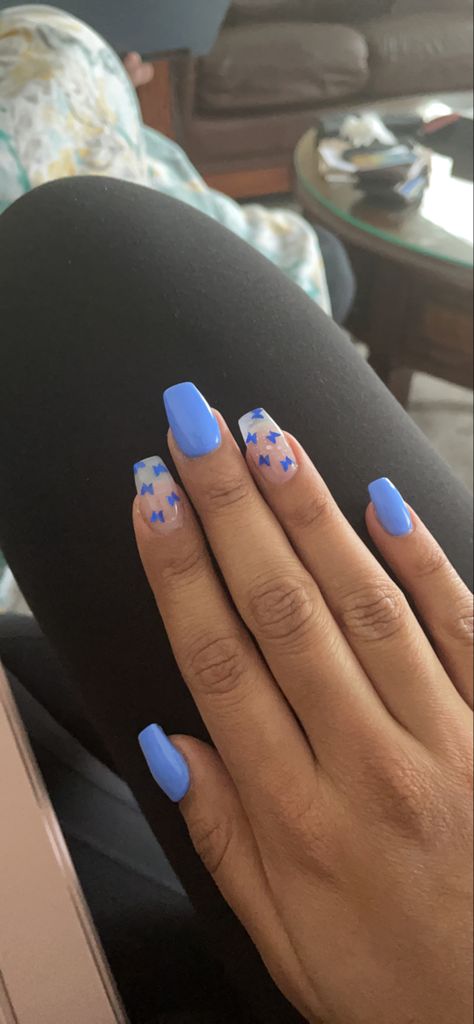 Cute Short Acrylic Nails Butterfly, Acrylic Nails For 12-14, Blue Prom Nails Acrylic Short, Cute Nails 10-11, Cute Butterfly Nails Blue, Glittery Blue Nails Acrylic, Cute Nails For School Simple, Butterfly Nail Inspo Short, Blue White Nails Acrylic