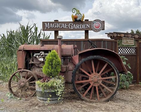 The signs we crafted for Tave’s Family Farm are now installed and ready for opening day which is tomorrow. The Magical Garden sign looks fabulous behind the antique tractor. Behind the fence are thousands of beautiful sunflowers. The two gnomes are peeking out for guests to discover. ... Old Tractor Yard Art, Tractor Yard Art, Tractor Decor, Lawn Ideas, Beautiful Sunflowers, Rustic Landscape, Old Tractor, Tractor Attachments, Signs Diy