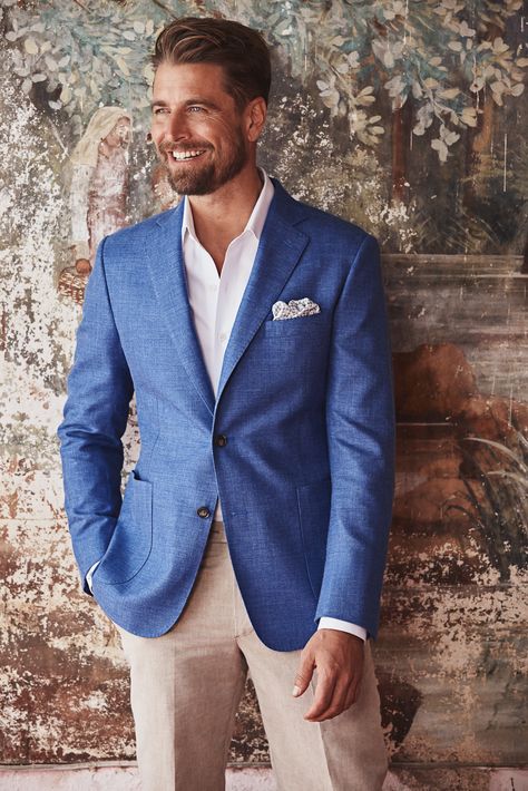 Spring/Summer 16 // Royal Blue Wool-Silk-Linen Blend Jacket Linen Sports Coat Men, Blue Linen Jacket Men, Royal Blue Jacket Men, Tiffany Blue Suits For Men, Blue Suit Jacket Combinations, Blue Linen Blazer Men, Light Blue Jacket Outfit Men, Royal Blue Blazer Outfit Men, Blue Sports Coat Outfit Men