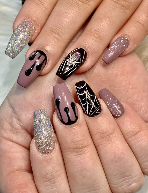 Purple Moon Nails Acrylic, Halloween Chunky Glitter Nails, Web Nails Halloween, Jeweled Spider Nails, Diamond Spider Nails, Elegant Halloween Nails Black, Spider Wed Nail Design, Black And Nude Halloween Nails, Pre Halloween Nails