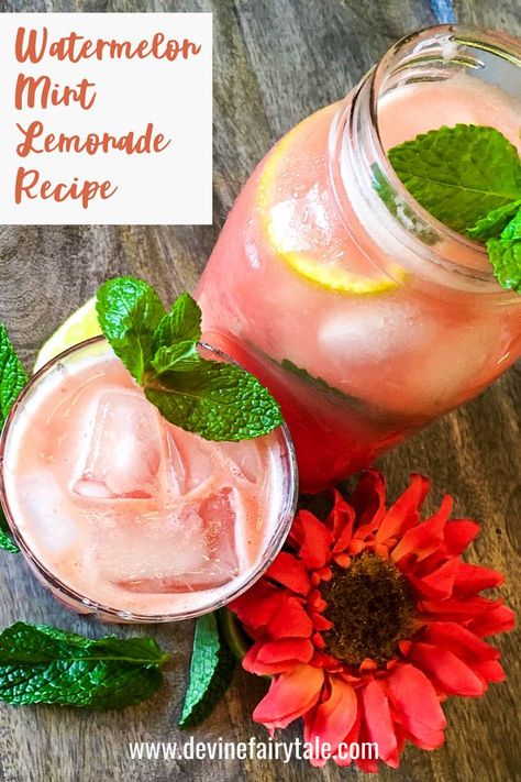 Try out this Refreshing Watermelon Mint Lemonade Recipe! Sweet and delicious 🍉🍋 https://devinefairytale.com/watermelon-mint-lemonade/ Watermelon Lemonade Recipe, Watermelon Mint Lemonade, Mint Lemonade Recipe, Fruit Drinks Recipes, Peach Basil, Lemonade Popsicles, Homemade Lemonade Recipes, Mint Simple Syrup, Wine Spritzer