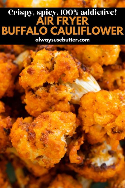 Air Fryer Buffalo Cauliflower wings will be your new favorite vegetarian snack! Easy to make in under 30 minutes they come out spicy, crispy and totally addictive. A healthy-ish snack or meal that's best served with a blue cheese dip. With Panko breadcrumbs, flour, milk, garlic powder, salt and pepper this is a super simple recipe - use store bought buffalo sauce, or make it from melted butter and hot sauce (like Cholula or Frank's Red Hot). A great appetizer and snack and a must for game day! Cauliflower Hot Wings Air Fryer, Cauliflower Wings Air Fryer, Buffalo Cauliflower Air Fryer, Air Fryer Buffalo Cauliflower, Buffalo Cauliflower Wings, Buffalo Cauliflower Recipes, Vegetarian Snack, Hot Wing Sauces, Buffalo Recipe