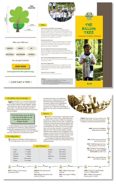 Billion Tree Campaign - Campaign Brochure Graphic Design Project Earth Campaign Poster, Eco Brochure Design, Non Profit Brochure, Environmental Brochure, Agriculture Brochure, Brochure Graphic Design, Brochure Graphic, United Nations Environment Programme, Graphic Design Brochure