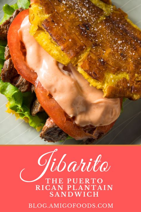 There are many ways to make a jibarito, but the key element is that the bread of a sandwich is replaced with fried plantains. For a classic, savory jibarito, be sure to use green plantains before they ripen. #puertoricanfood #puertorico #jibarito #amigofoods #recipes Plantain Sandwich Recipe, Jibaritos Sandwich, Jibarito Sandwich Puerto Rico, Plantain Sandwich, Puerto Rican Breakfast, Plantain Bread, Jamaican Desserts, Green Plantains, Classic Savory