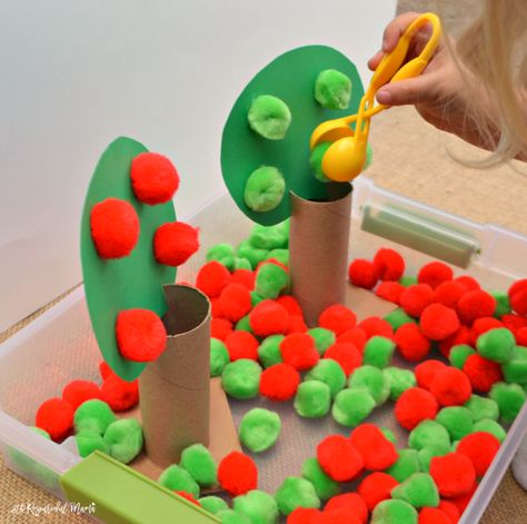 This apple themed fine motor activity combines early math, colors, and fine motor skills all in one activity for toddlers and preschoolers. By flipping the tree tops, it easily transitions to a more challenging activity for older preschoolers and kindergartners.  Fall | Sorting | Early Childhood | Hand-Eye Coordination Preschool Apple Theme, Apple Preschool, Fine Motor Activity, Apple Activities, Preschool Fine Motor, Apple Theme, Fall Preschool, Motor Skills Activities, Daycare Activities